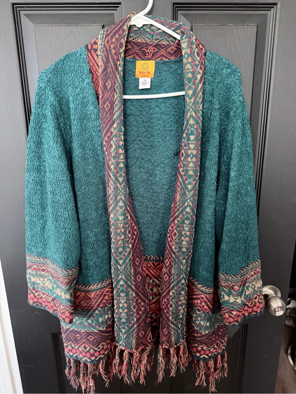 Ruby Rd. Teal Open-Front Knit Jacket with Multicolor Aztec Trim